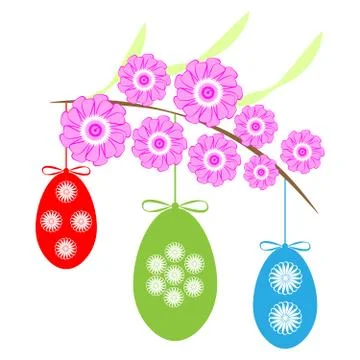 Easter eggs with branch on white background Stock Illustration