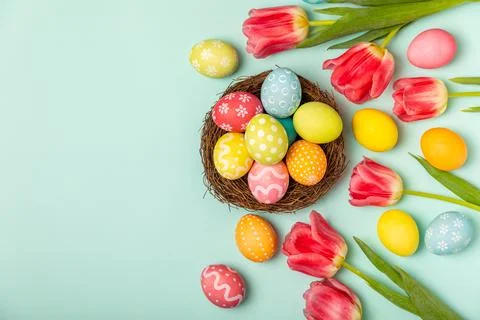 Easter eggs on a bright background. 스톡 사진