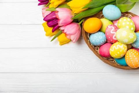 Easter eggs on a bright background. 库存照片