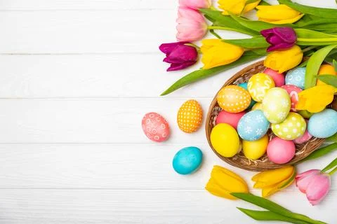 Easter eggs on a bright background. Stock Photos