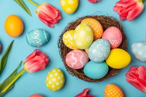 Easter eggs on a bright background. Stock Photos