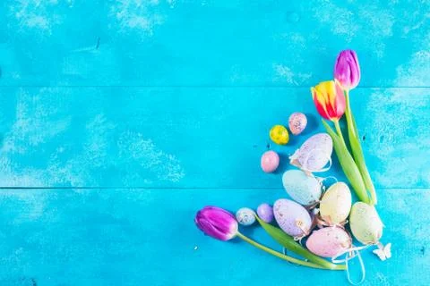 Easter eggs on bright blue background Foto stock