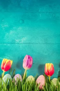 Easter eggs on bright blue background Stock Photos