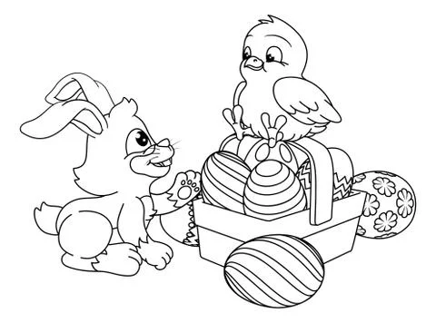 Easter Eggs Bunny and Chick Coloring Book Cartoon Stock Illustration