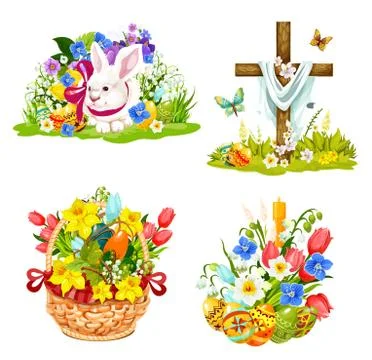 Easter eggs, bunny and flowers in wicker icons Stock Illustration