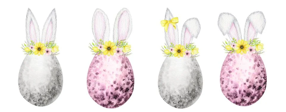 Easter eggs with Bunny ears and floral crown set isolated Watercolor Stock Illustration