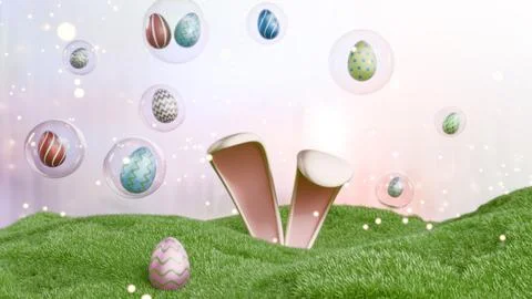 Easter eggs, bunny ears and bubbles in a grassy field Illustrazione stock