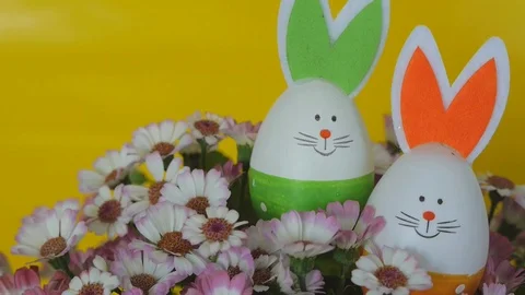 Easter eggs with bunny ears. Spring And Easter Background. Stock Footage 74107899