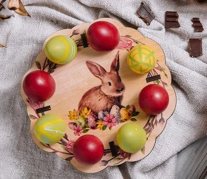 Easter eggs with buns on top view Stock Photos
