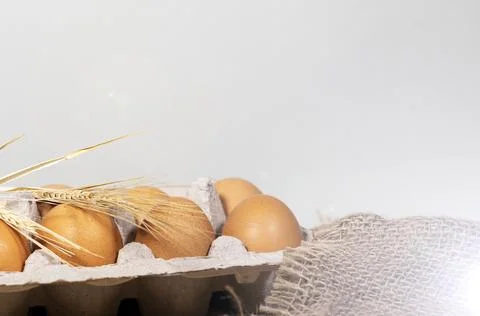 Easter Eggs on an burlap sack cloth on bright background, wheat spikelet Stock Photos