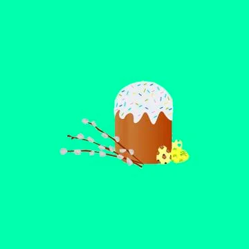 Easter eggs, cake and Willow branches Holiday sweet food Stock Illustration