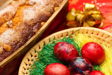 Easter eggs with cake Stock Photos