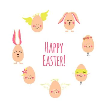 Easter eggs characters with emotions. Easter characters emoji. Egg angels Stock Illustration