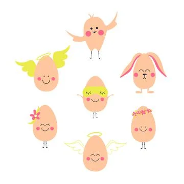 Easter eggs characters with emotions. Egg angels, easter bunny, chicken Stock Illustration