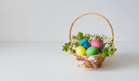 Easter eggs with cherry blossoms in a basket on a white background. Easter gr Stock Photos