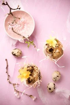 Easter eggs on with cherry branch in pink tone. Easter decoration in vintage Stock Photos