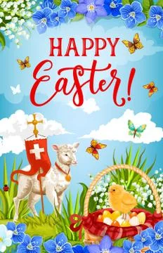 Easter eggs, chick and lamb of God with cross Stock Illustration
