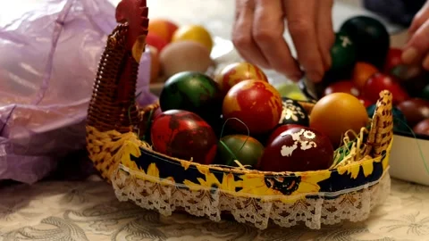Easter eggs in a chicken basket Stock Footage 277888240