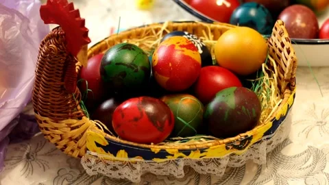 Easter eggs in a chicken basket Stock Footage 277888305