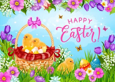 Easter eggs, chicks and flowers in basket Ilustración de archivo