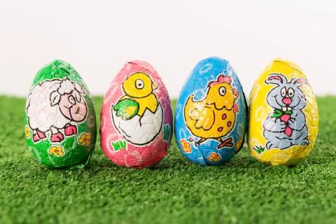Easter eggs chocolate on grass Stock Photos