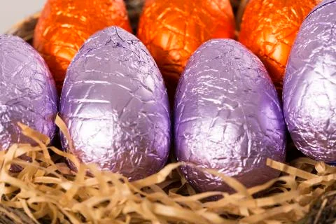 Easter eggs chocolate on grass Stock-Fotos