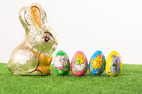 Easter eggs chocolate on grass Stock Photos