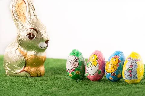 Easter eggs chocolate on grass Stock Photos