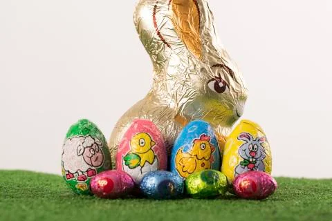 Easter eggs chocolate on grass Stock Photos