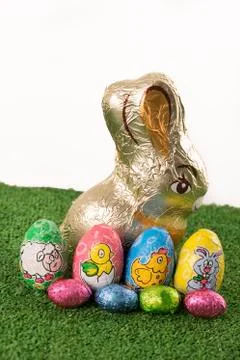 Easter eggs chocolate on grass 스톡 사진