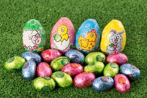 Easter eggs chocolate on grass Stock Photos