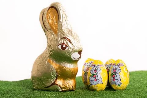 Easter eggs chocolate on grass 스톡 사진
