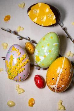 Easter eggs with chocolate with a surprise inside Stock Photos