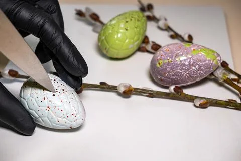 Easter eggs with chocolate with a surprise inside Stock Photos