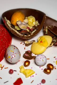 Easter eggs with chocolate with a surprise inside Stock Photos