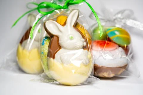 Easter eggs with chocolate with a surprise inside Stock Photos