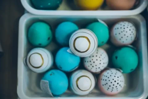 Easter eggs close up at market Foto stock