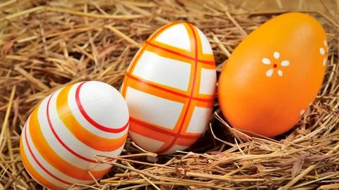 Easter eggs, close-up, in straw Stock Photos