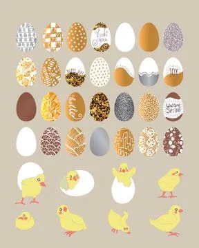Easter eggs collection and set of cute chickens. Metallic set gold and silver Stock Illustration