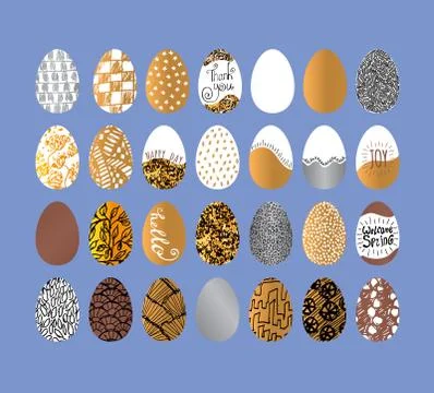 Easter eggs collection. Metallic set gold and silver texture. Eggs with doodl Illustrazione stock