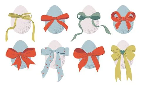Easter eggs collection. Textured eggs with beautiful ribbon bows. Stock Illustration