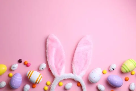 Easter eggs on a colored background, festive background Stock Photos