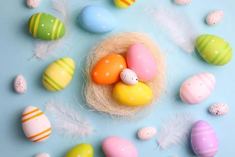 Easter eggs on a colored background, festive background Stock Photos