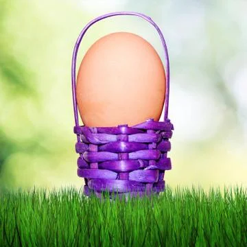 Easter eggs in colored baskets on grass and on a blurry background Stock Photos
