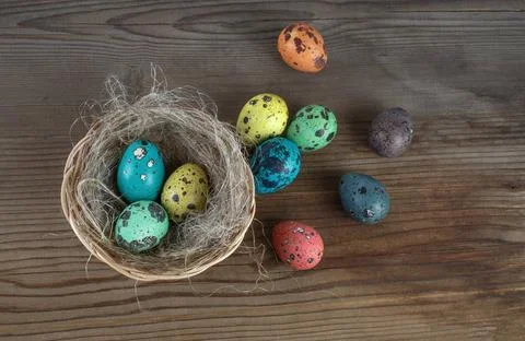 Easter eggs Colored Easter quail eggs and a nest on a wooden background. T... Stock Photos