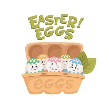 Easter eggs. Colored eggs with cute faces in carton box. Easter eggs friends Illustrazione stock