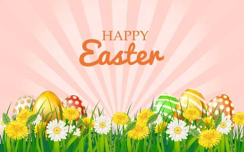 Easter eggs colored, green grass daisy and dandelion Stock Illustration