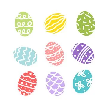 Easter eggs. Colorful bright multicolored decorated egg set. Flat, cartoon Illustrazione stock