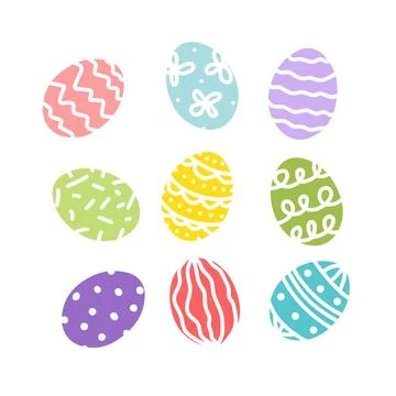 Easter eggs. Colorful bright multicolored decorated egg set. Flat, cartoon Stock Illustration