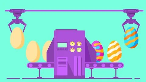 Easter eggs coloring conveyor. Flat festive vector illustration. Illustrazione stock